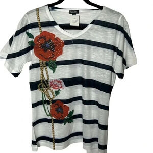 Y2K,vtg, NEW, MOFFI top,beaded floral, striped,sheer,feminine,cottagecore,boho